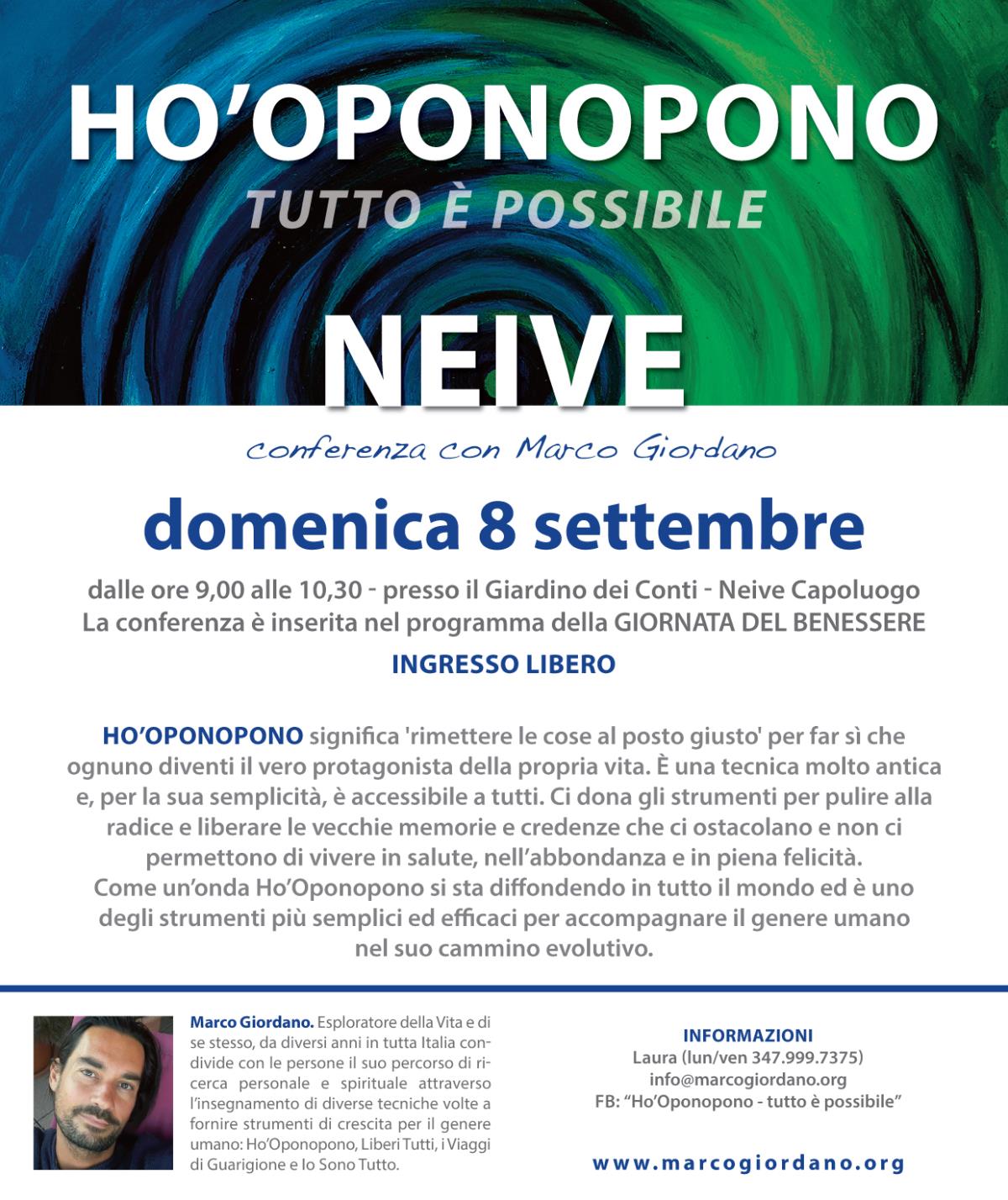 <b>HO'OPONOPONO Tutto  Possibile - conferenza</b> domenica 8 settembre <b>NEIVE