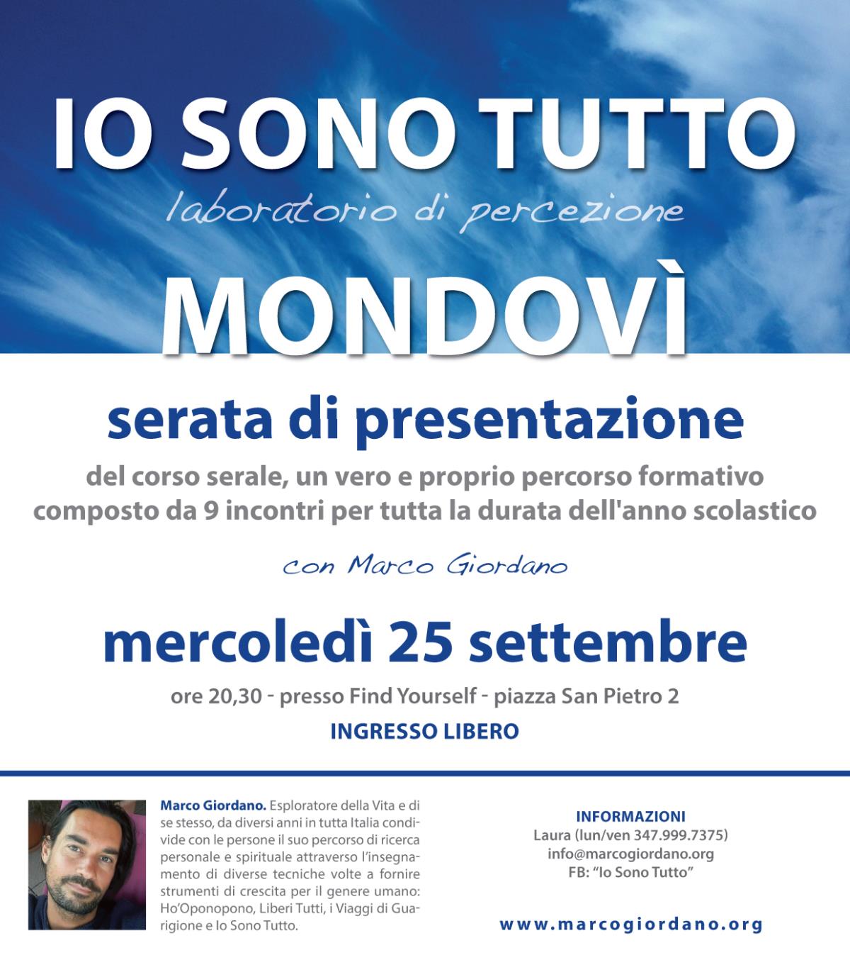 Presentazione del corso serale <b>IO SONO TUTTO</b> mercoledì 25 settembre <b>MONDOVI (CN)