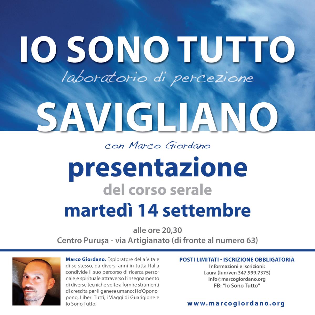 Presentazione del corso serale <b>IO SONO TUTTO</b> marted 14 settembre <b>SAVIGLIANO (Cuneo)