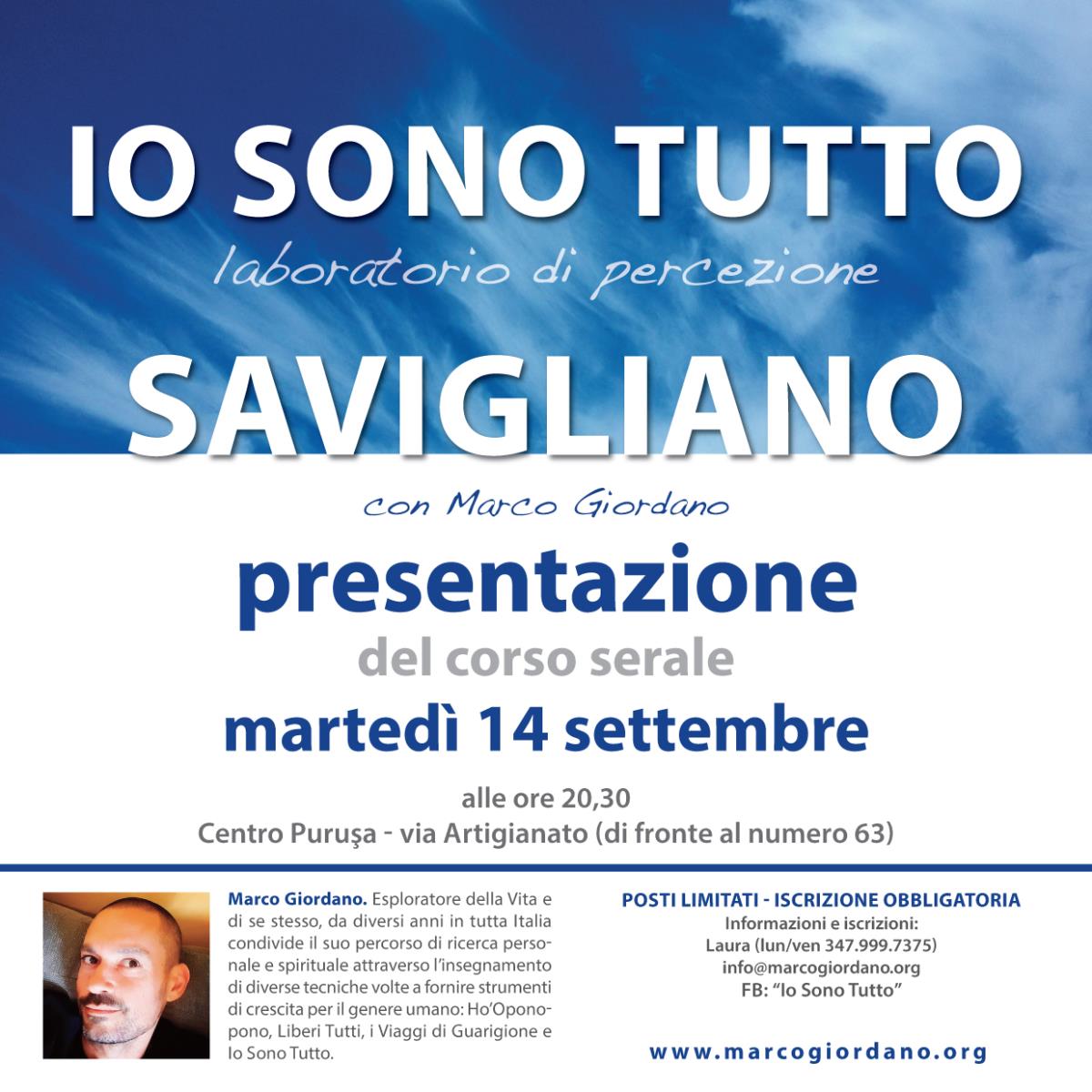Presentazione del corso serale <b>IO SONO TUTTO</b> martedì 14 settembre <b>SAVIGLIANO (Cuneo)