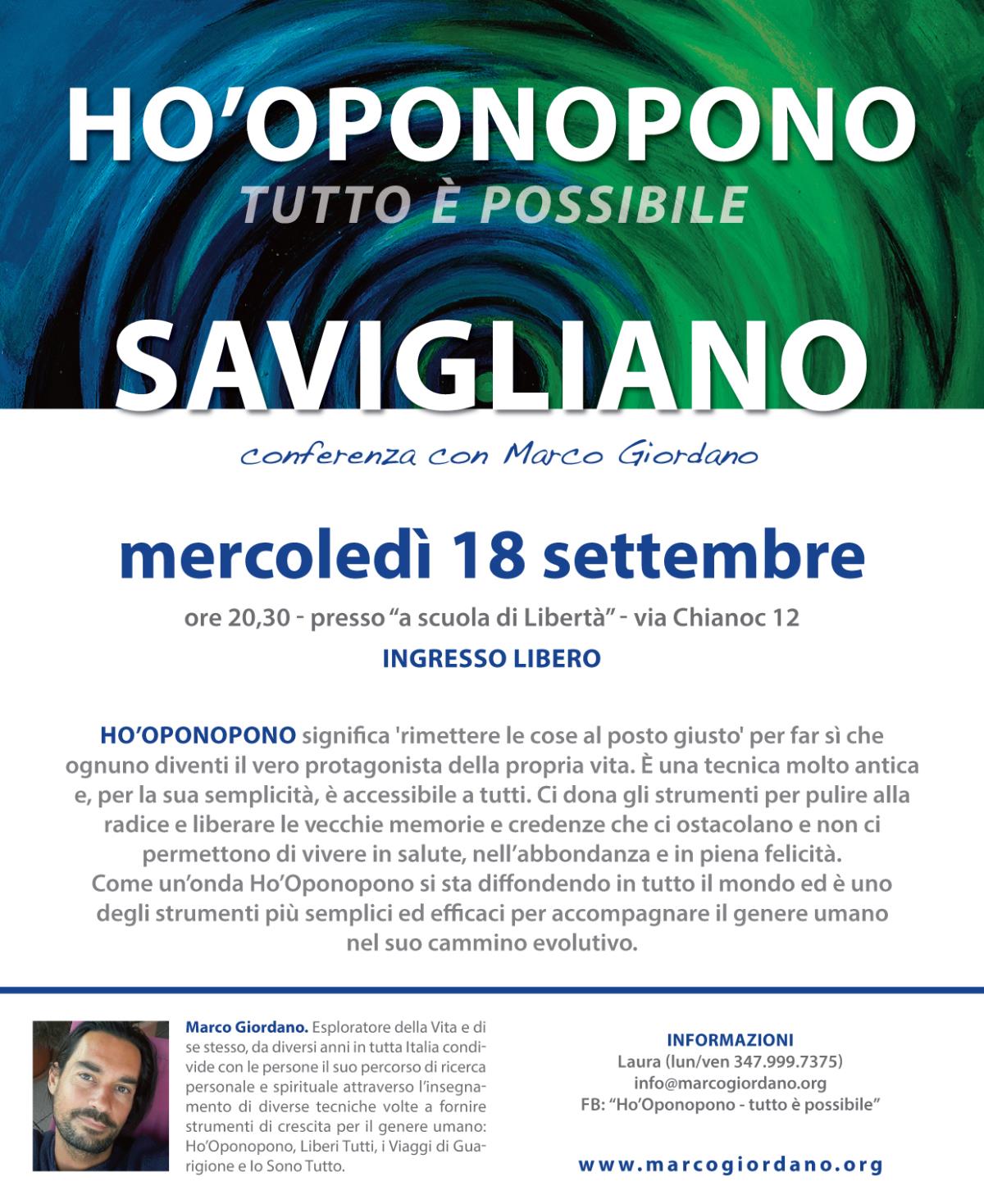Conferenza e presentazione del corso serale <b>HO'OPONOPONO Tutto  Possibile</b> mercoled 18 settembre <b>SAVIGLIANO (CN)