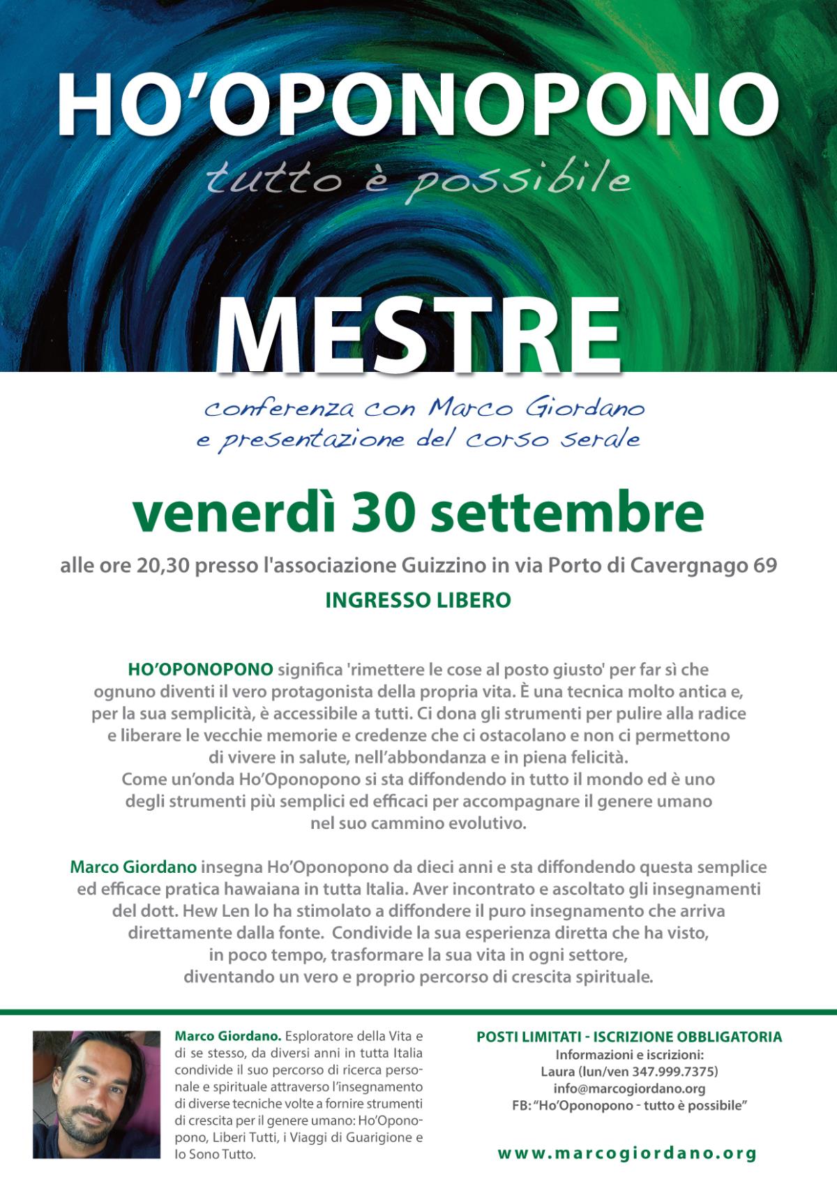 Conferenza e presentazione del corso serale <b>HO'OPONOPONO</b> gioved 30 settembre <b>MESTRE (Venezia)