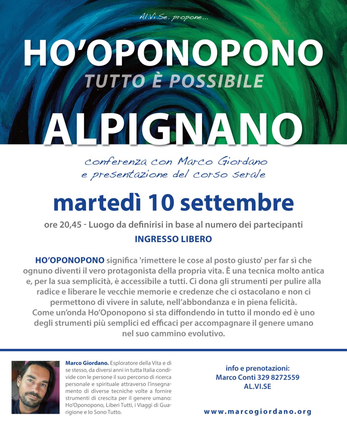 Conferenza e presentazione del corso serale <b>HO'OPONOPONO</b> martedì 10 settembre <b>ALPIGNANO (TO)
