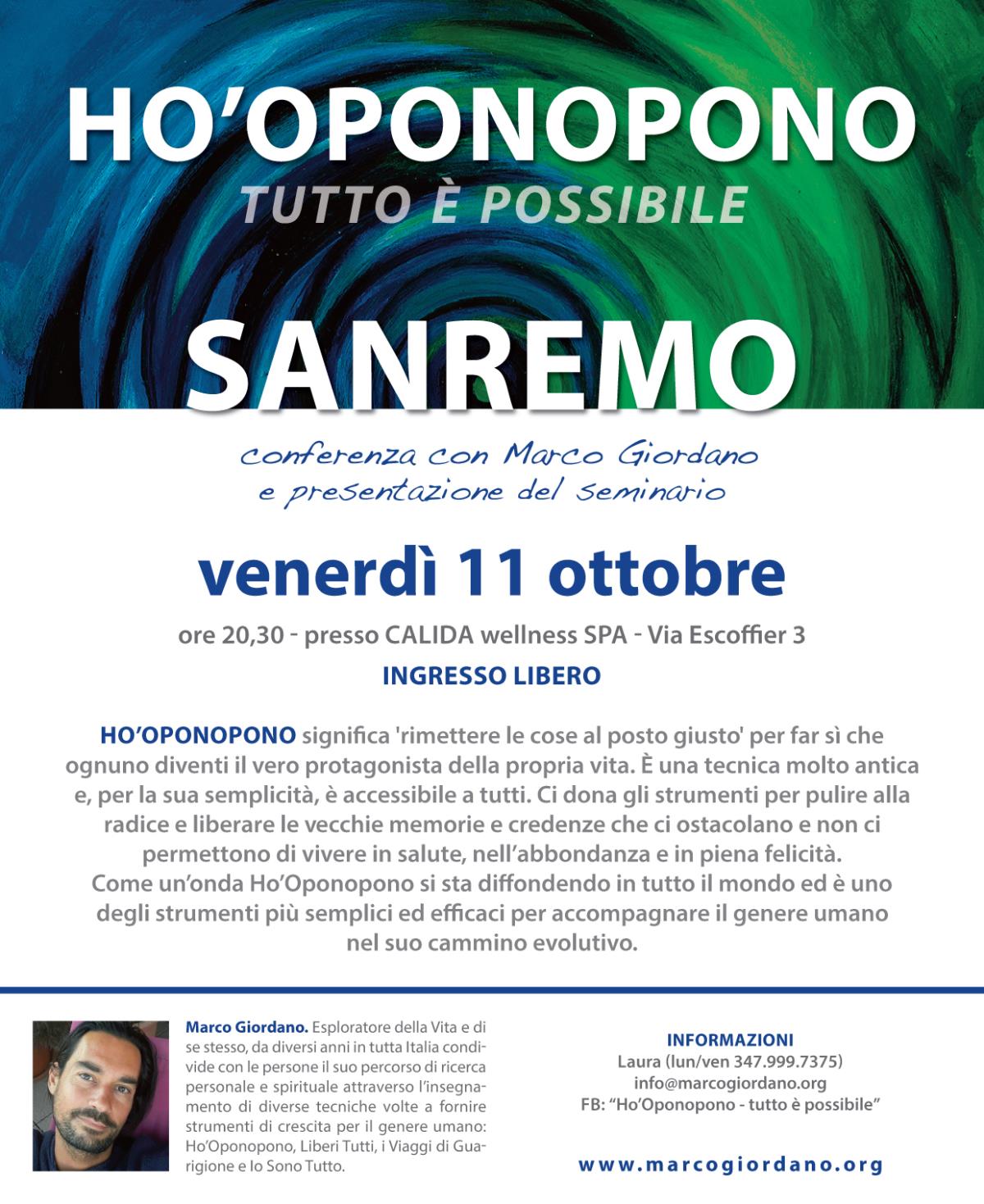 Conferenza e presentazione del seminario <b>HO'OPONOPONO Tutto  Possibile</b> venerd 11 ottobre <b>SANREMO (IM)