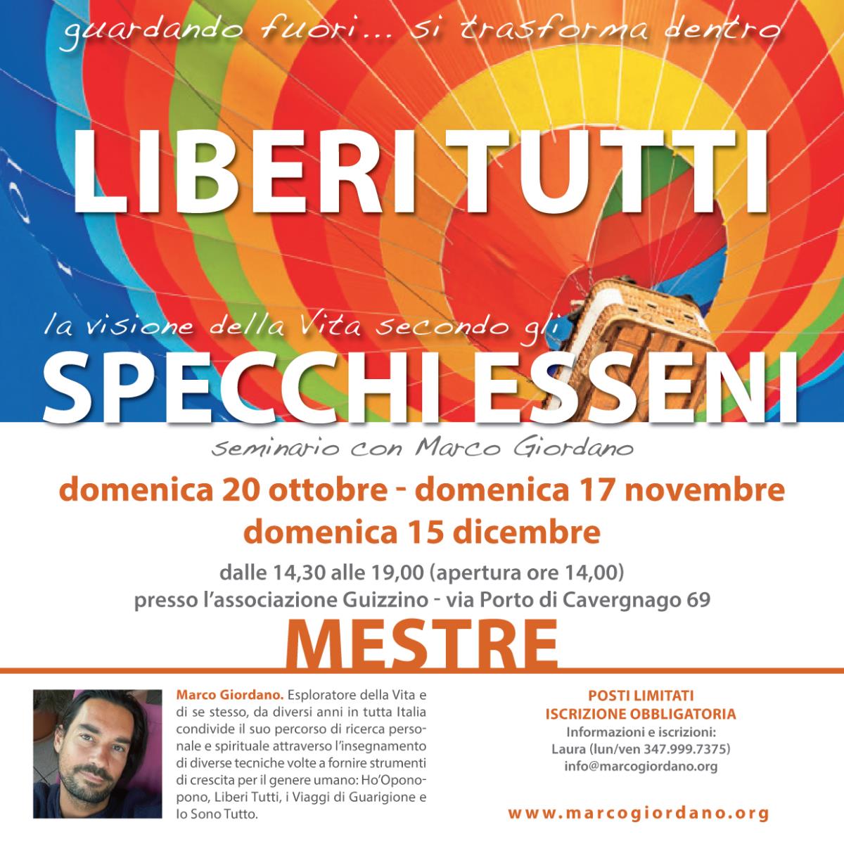 <b>LIBERI TUTTI - SPECCHI ESSENI</b> domenica 20 ottobre - 17 novembre - 15 dicembre <b>MESTRE (Venezia)