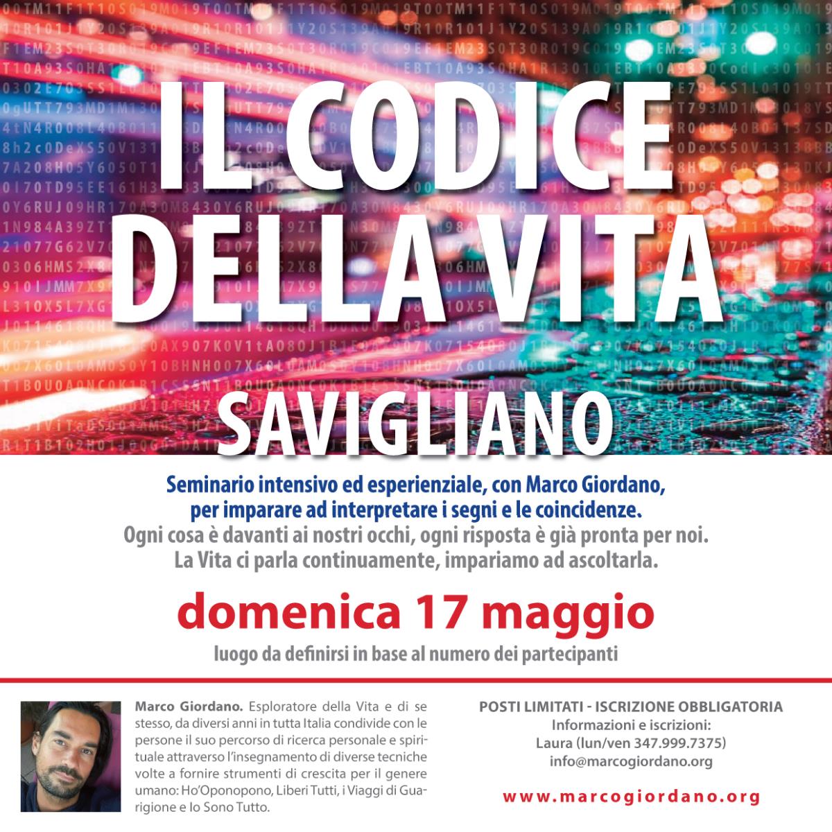 <b>IL CODICE DELLA VITA</b> 17 maggio <b>SAVIGLIANO (Cuneo)