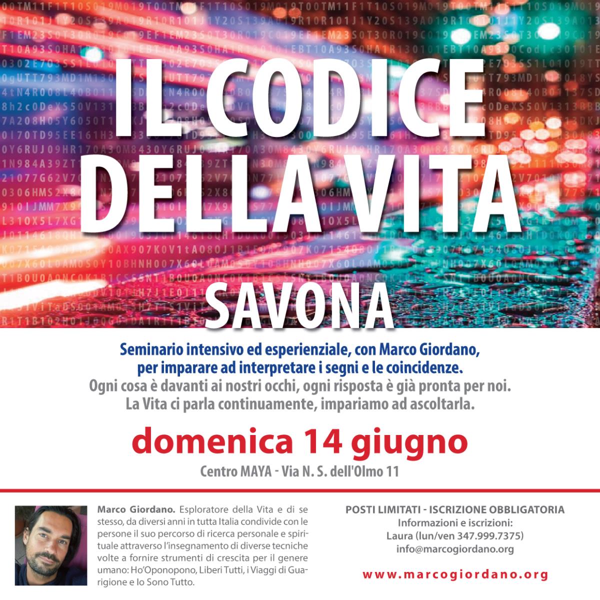 <b>IL CODICE DELLA VITA</b> 14 giugno <b>SAVONA