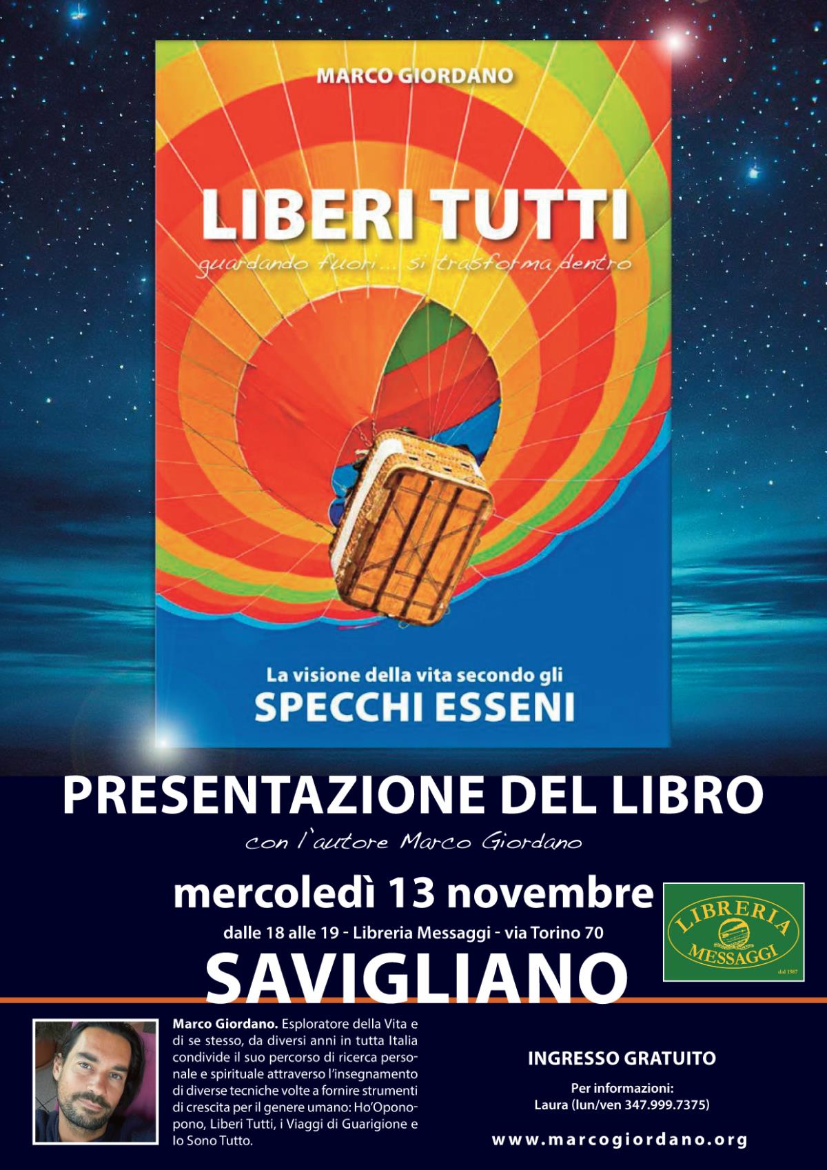 <b>LIBERI TUTTI - SPECCHI ESSENI</b> presentazione del libro - mercoledì 13 novembre <b>SAVIGLIANO (Cuneo)