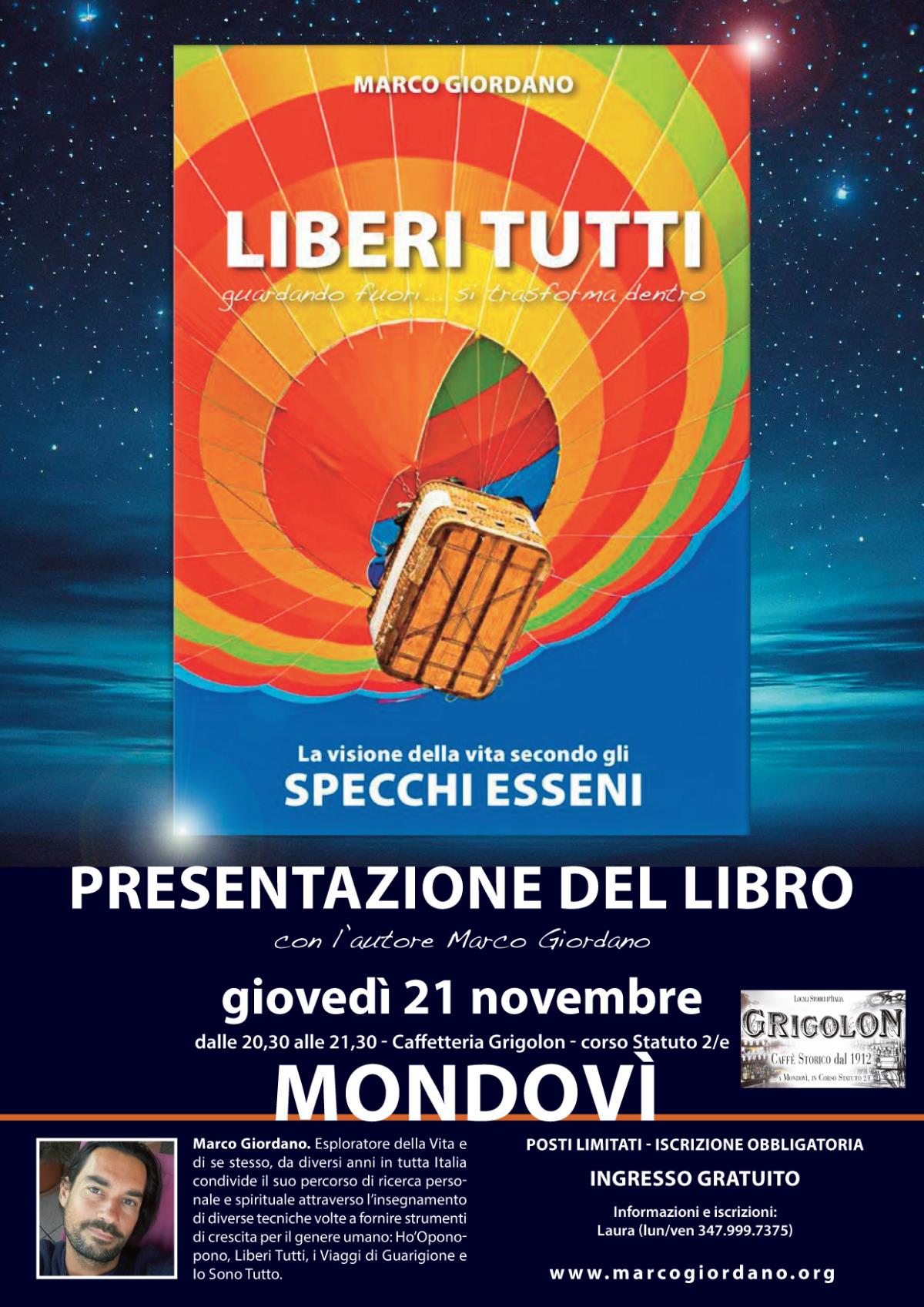 <b>LIBERI TUTTI - SPECCHI ESSENI</b> presentazione del libro - giovedì 21 novembre <b>MONDOVI (Cuneo)