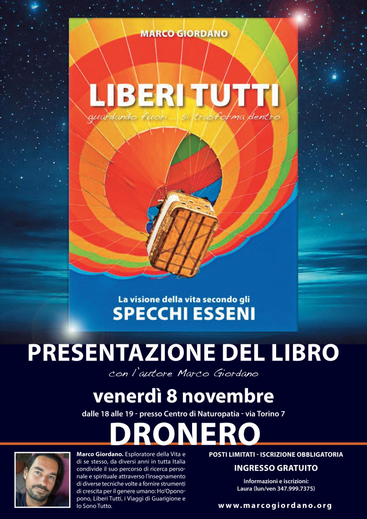 <b>LIBERI TUTTI - SPECCHI ESSENI</b> presentazione del libro - venerd� 8 novembre <b>DRONERO (Cuneo)
