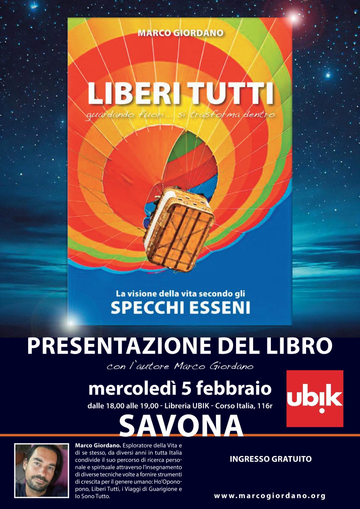 <b>LIBERI TUTTI - SPECCHI ESSENI</b> presentazione del libro - mercoledì 5 febbraio <b>SAVONA