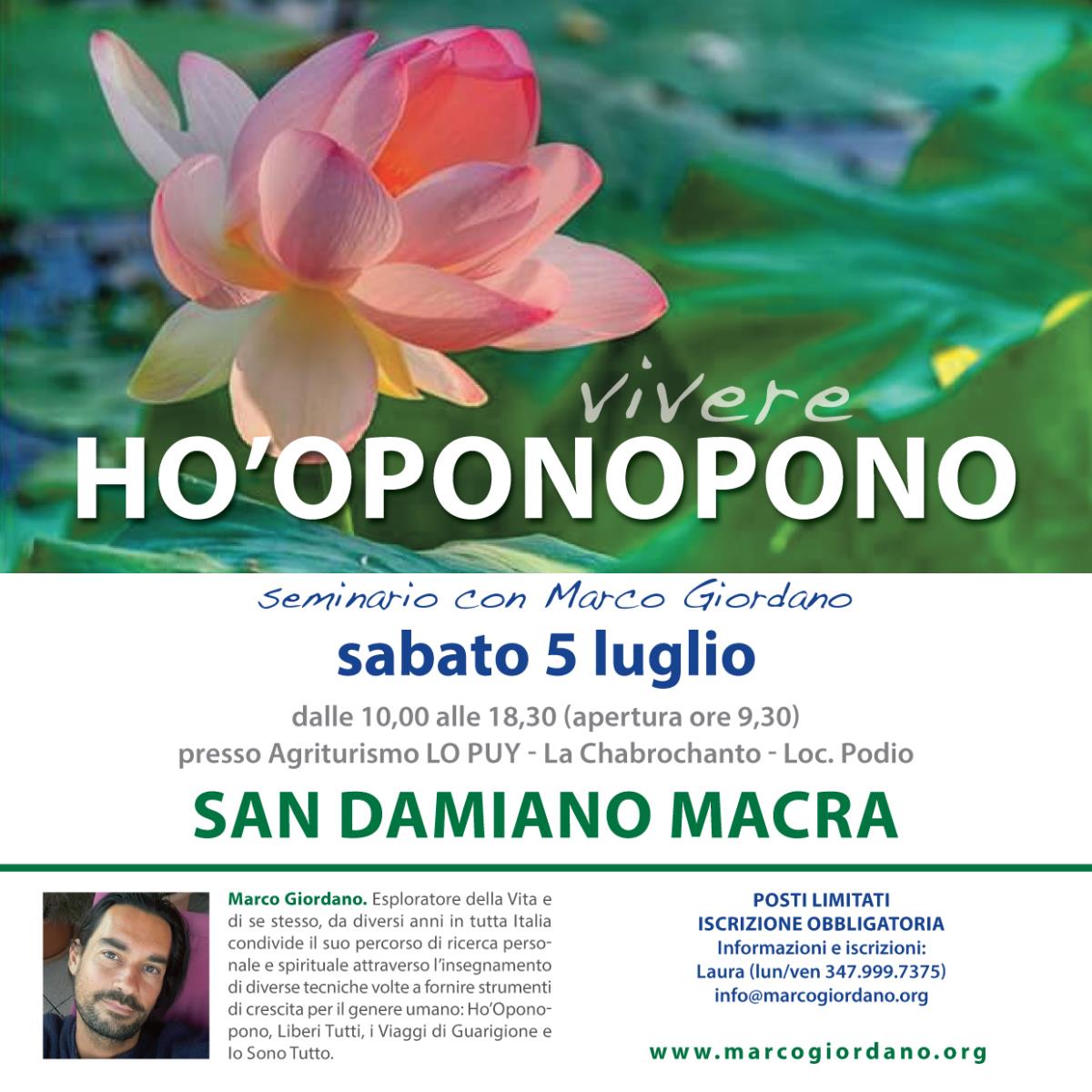 <b>VIVERE HO'OPONOPONO SEMINARIO</b> sabato 6 luglio <b>SAN DAMIANO MACRA (Cuneo)