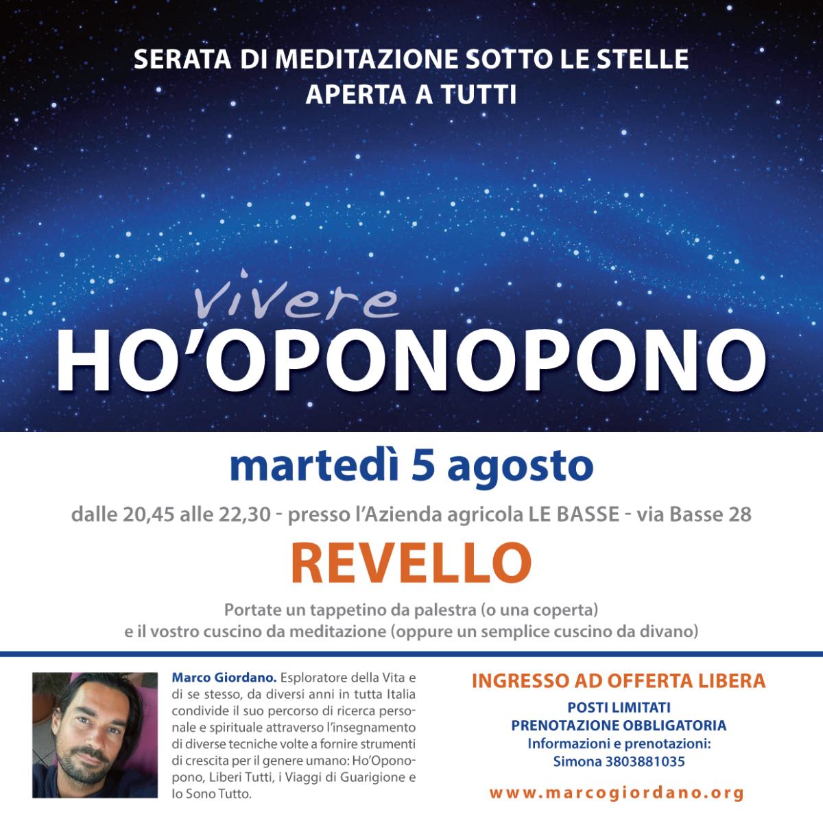 <b>VIVERE HO'OPONOPONO serata di meditazione sotto le stelle</b> martedì 5 agosto <b>REVELLO (Cuneo)