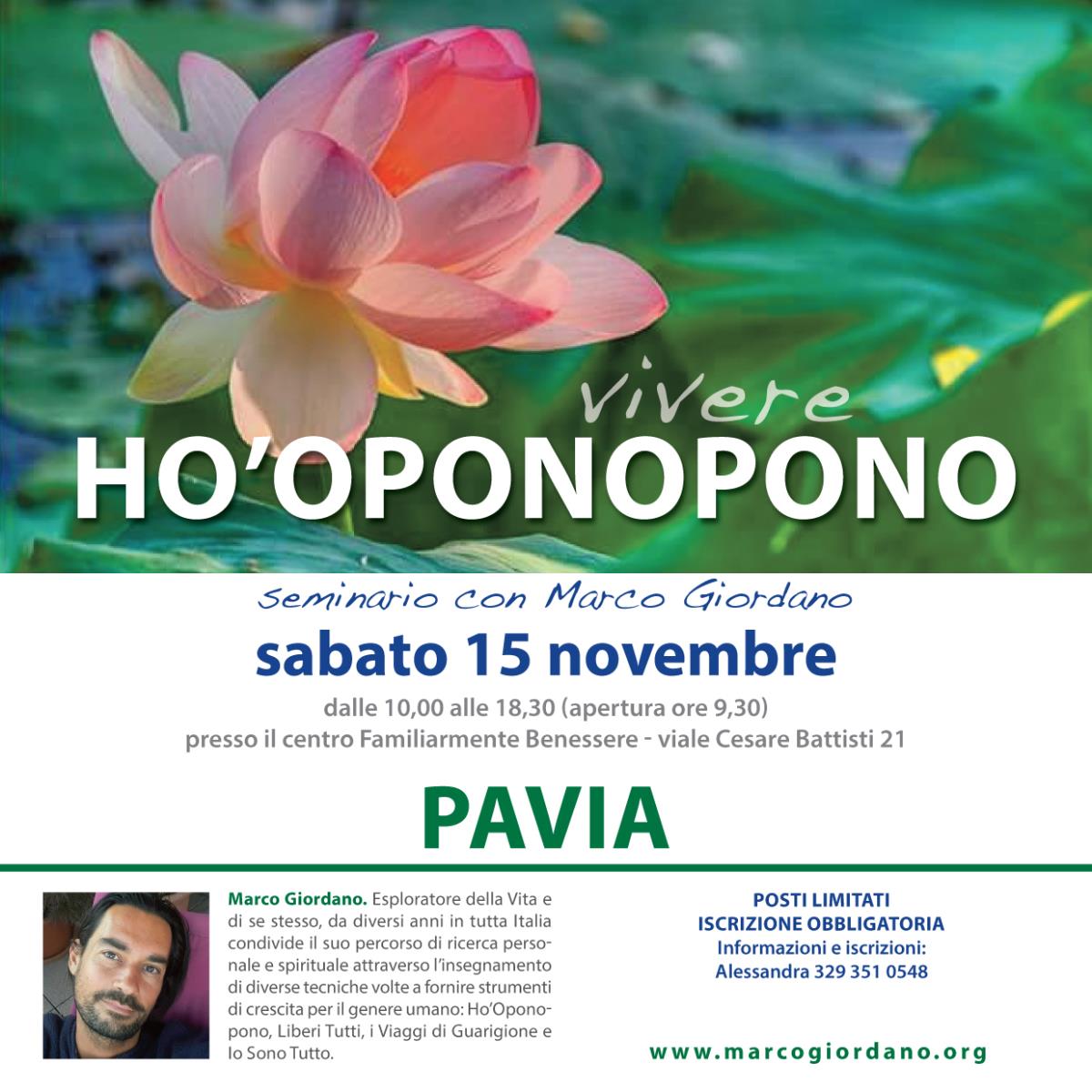 <b>VIVERE HO'OPONOPONO SEMINARIO</b> sabato 15 novembre <b>PAVIA