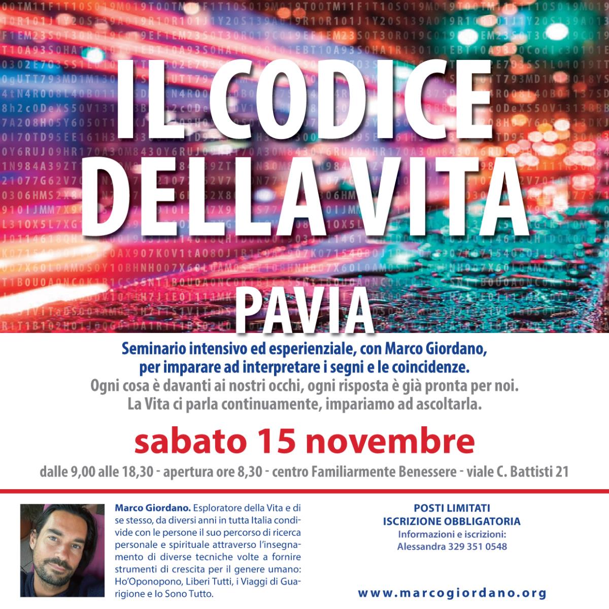 <b>IL CODICE DELLA VITA SEMINARIO</b> sabato 15 novembre <b>PAVIA