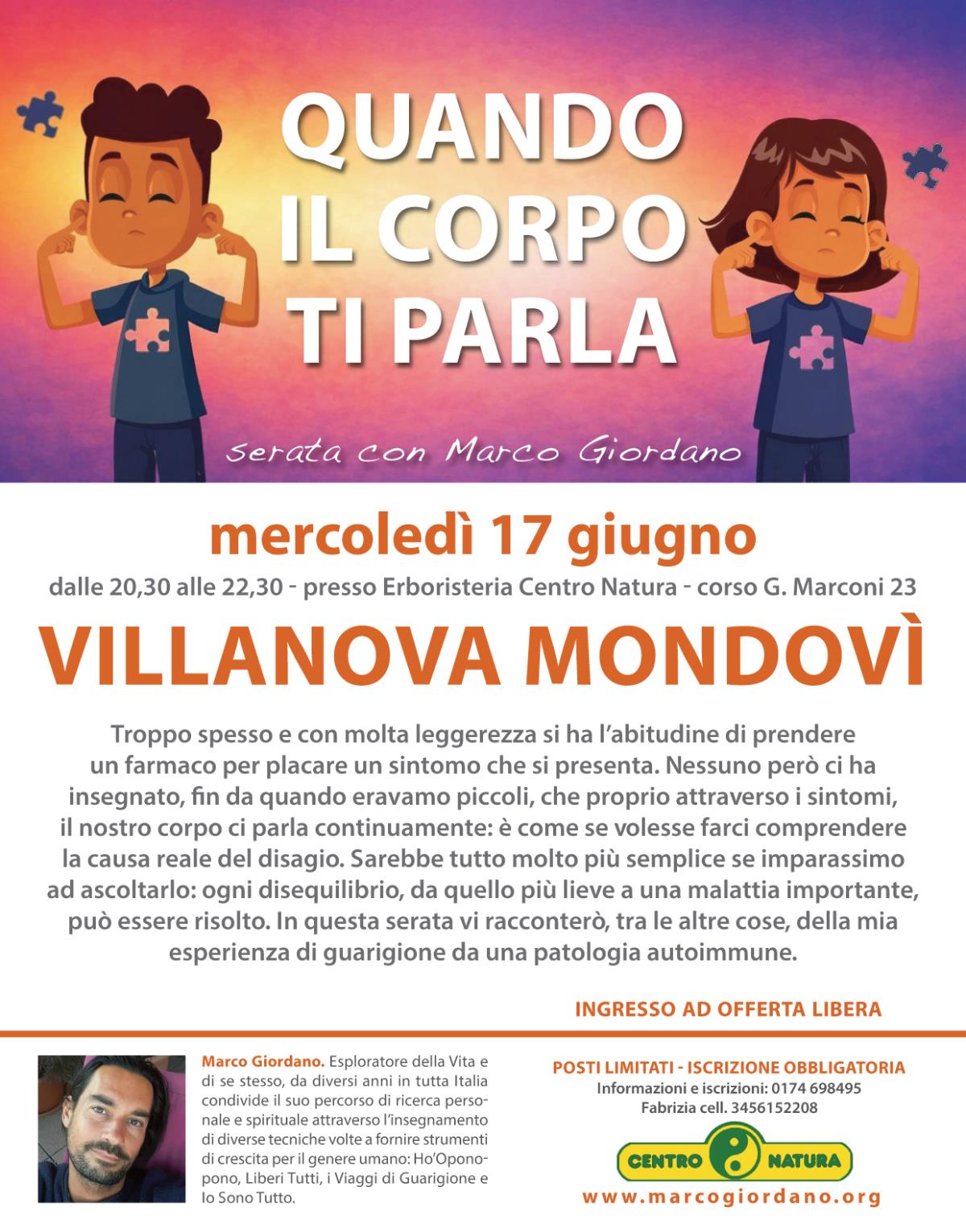 <b>QUANDO IL CORPO TI PARLA</b> mercoled� 17 giugno <b>VILLANOVA MONDOVI (Cuneo)