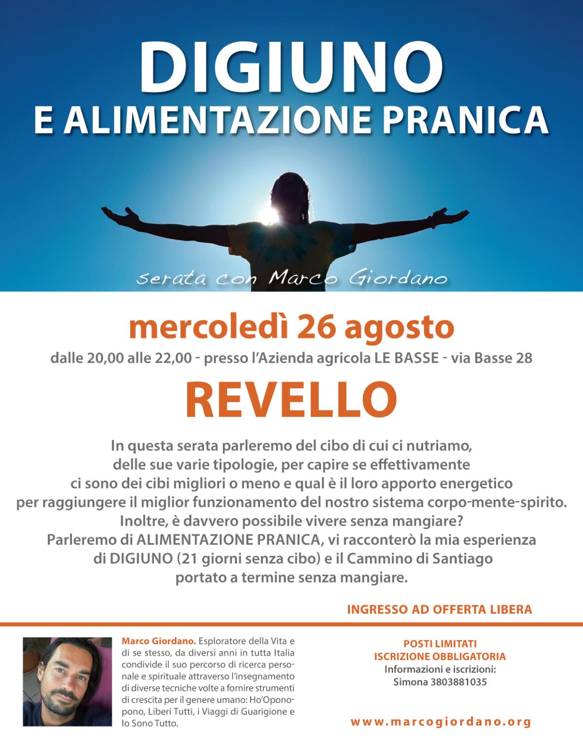 <b>DIGIUNO E ALIMENTAZIONE PRANICA</b> mercoled� 26 agosto <b>REVELLO (Cuneo)
